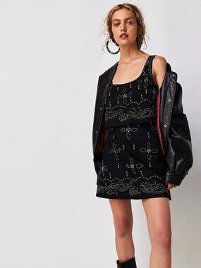 FREE PEOPLE Seven Wishes Black Cotton Pewter Riveted Mini Dress Size Medium